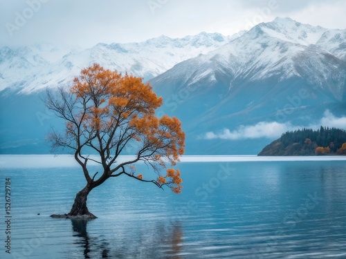 Idyllic Mountain Lake Scenery featuring a Lone Tree and Snow Capped Peaks