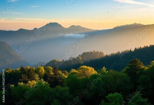 Sunrise paints misty mountain peaks, vibrant green trees below,  colorful,  golden hour