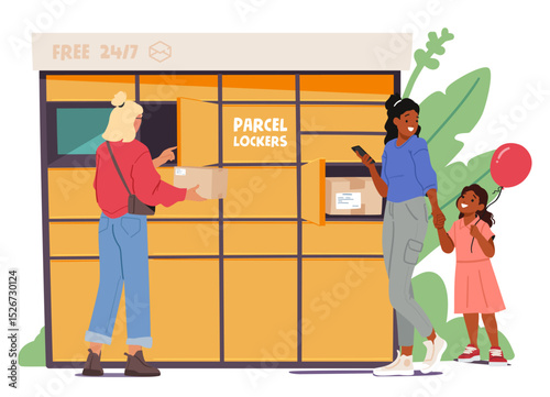 People characters using local parcel lockers self service available round-the-clock cartoon scene