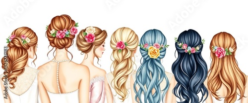 Elegant hand-drawn bridal party, watercolor floral hairstyles, painting, dress