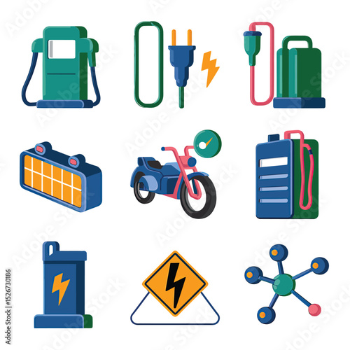 vector icons to vehicle fueling and charging a gasoline pump, an electric vehicle plug hydrogen mole