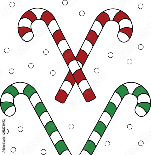 Festive Christmas Candy Canes with Red and Green Stripes and Snowflakes