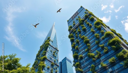 Sleek skyscrapers pierce a clear sky, lush greenery clinging to their sides, birds in flight,  skyscrapers,  eco-friendly