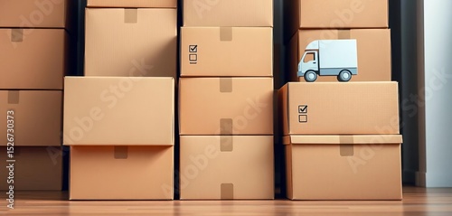 Stack of cardboard boxes with checklist and delivery truck icon, shipping, checklist