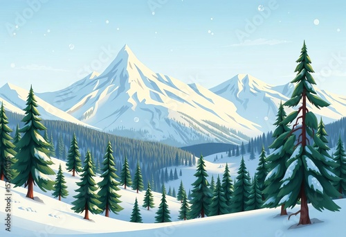 Charming cartoon winter mountain landscape; snowy peaks, pine trees, rolling hills,  design,  trees