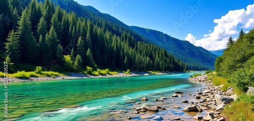 Crystal clear river cascading through lush green mountain forest,  shadow,  water