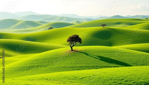Single tree silhouette on rolling green hills, vector landscape,  background image,  wildlife
