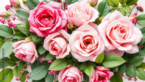 Delicate watercolor roses, lush green leaves, vibrant floral arrangements, romantic botanical prints, spring, texture