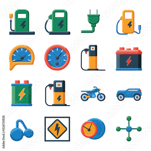 vector icons to vehicle fueling and charging a gasoline pump, an electric vehicle plug hydrogen mole