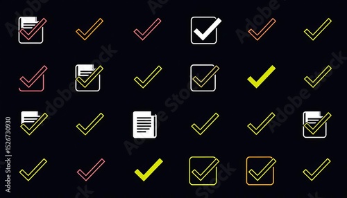 Collection of checkmark vector line icons, including document verification symbols, correct, acceptance