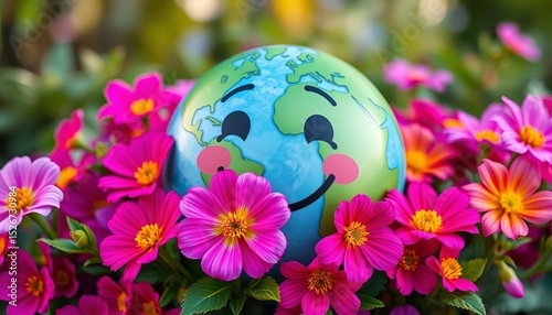 Smiling earth icon with vibrant flowers blooming, symbolizing environmental protection,  graphic,  earth day