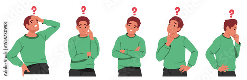 Young man cartoon character with question mark above thinking searching answers isolated set