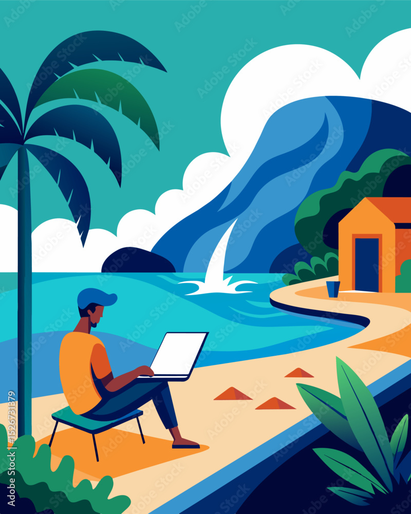 Fototapeta premium The sound of waves crashing against the shore can be heard in the background as a digital nomad works from the villas outdoor patio.. Vector illustration