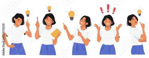 Experienced emotional woman cartoon character thinking, making decision having brilliant idea