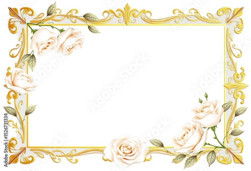 Elegant white rose & gold frame wedding invitation template set,  paper,  illustration