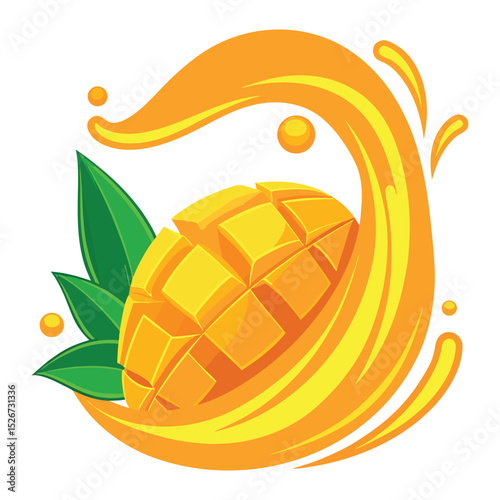 Mango Juice Splash with Tropical Fruit and Leaves