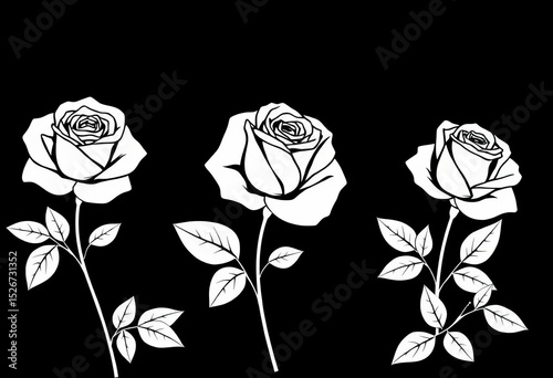 Elegant hand-drawn line art rose set with leaves  Simple vector illustrations, floral design, plant