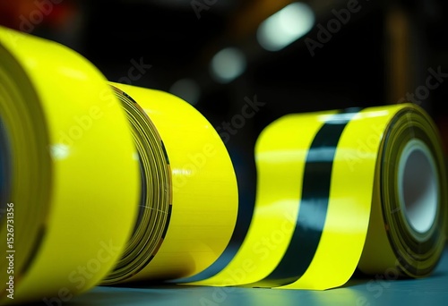 Bright yellow and black striped hazard tape rolls, close-up,  construction,  safety equipment