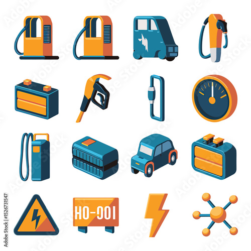 vector icons to vehicle fueling and charging a gasoline pump, an electric vehicle plug hydrogen mole
