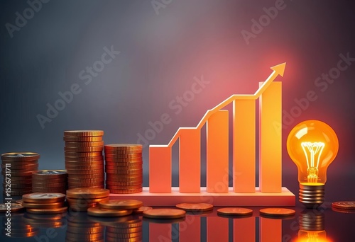 Upward trending graph with rising bar chart, coins, and glowing lightbulb,  uptrend,  investment