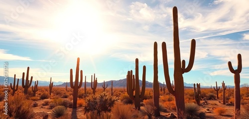 Vast, sun-drenched desert landscape with towering cacti, seamless background, flora, dry
