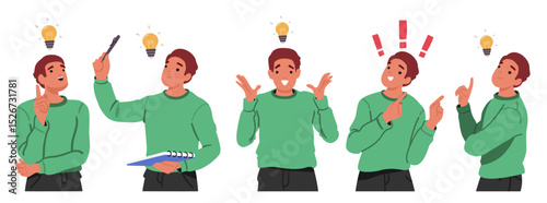 Inspired man cartoon character with exclamation marks above engaged in creativity process set