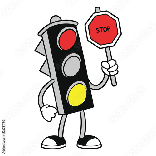 Cartoon traffic light with stop sign, promoting road safety.
