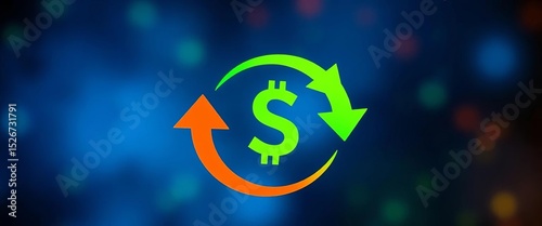 Two overlapping arrows circling a currency symbol, representing currency exchange,  exchange rate,  conversion