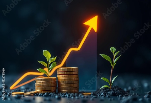 Upward trending graph with glowing coins and growing plant ,  economy,   investment strategy