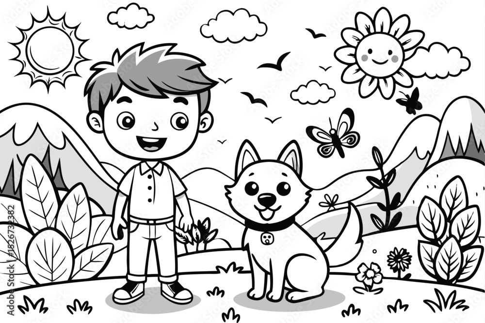 Fototapeta premium Childhood illustration of a boy and his dog in a fairytale forest with funny cartoon animal friends