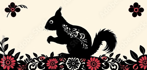 Stylized silhouette of a squirrel, intricate Polynesian tribal patterns, dark on light background,  shadow,  illustration