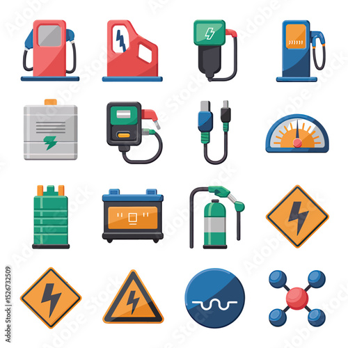vector icons to vehicle fueling and charging a gasoline pump, an electric vehicle plug hydrogen mole
