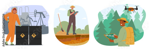 Ecologist characters analyzing toxic waste level in ground and in nature cartoon scene set