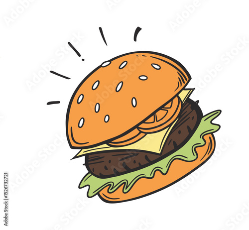Cartoon hamburger with cheese illustrates delicious fast food