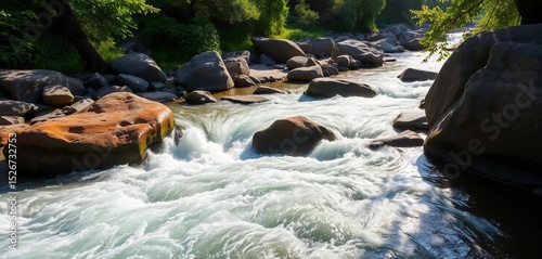 Swift river flowing over smooth rocks, lush green banks, sun-dappled water,  artistic,  natural