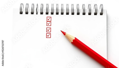 Spiral notebook with ample copy space, check marks, large red pencil, isolated on white,  paper,  item