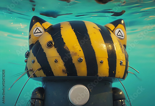 gatto robot edile da costruzione colorato a strisce giallo e nero, striped yellow and black construction robot cat