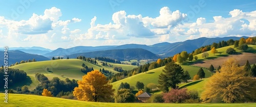 Vibrant cartoon landscape with rolling hills, lush trees, and a bright blue sky,  graphic illustration,  whimsical
