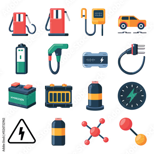 vector icons to vehicle fueling and charging a gasoline pump, an electric vehicle plug hydrogen mole
