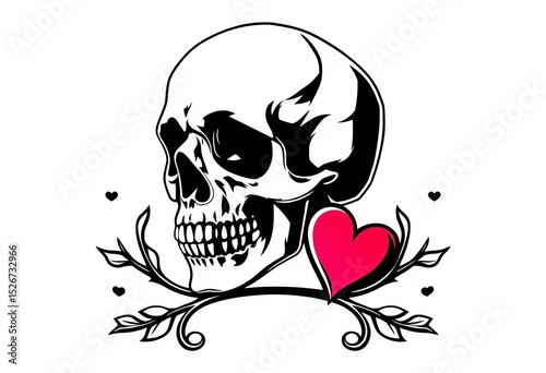 Vector illustration of a monochrome skull with a heart on a white background,  holiday,  romantic