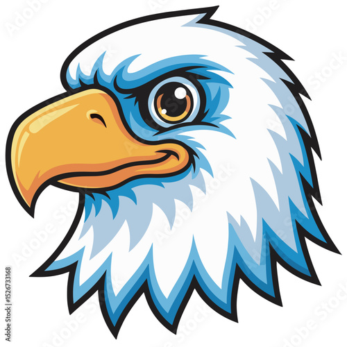 Friendly cartoon bald eagle head vector with a confident expression. Bright white head, golden beak, and blue accents capture a modern, approachable take on this iconic bird. Ideal for mascots or 