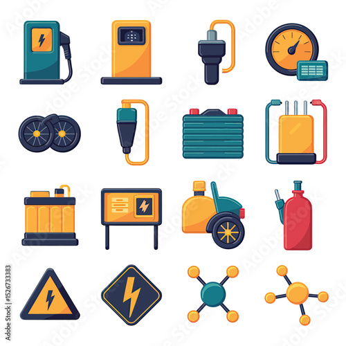 vector icons to vehicle fueling and charging a gasoline pump, an electric vehicle plug hydrogen mole
