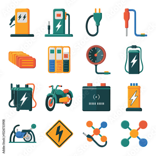 vector icons to vehicle fueling and charging a gasoline pump, an electric vehicle plug hydrogen mole
