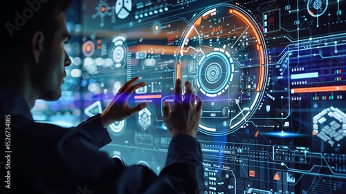 Holographic interface review by cybersecurity expert, secure network focus. Cybersecurity expert
