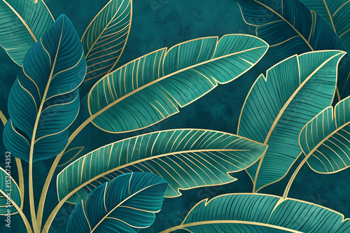Create a Lush Tropical Illustration Featuring Large, Teal Banana Leaves with Gold Veining
