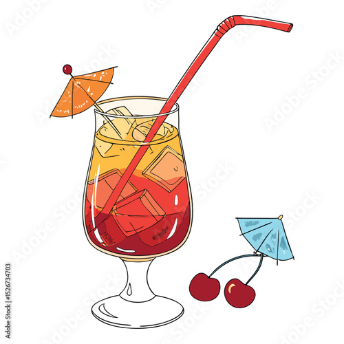 Tropical cocktail with umbrella and cherry, ideal for summer vacation