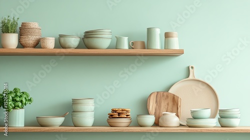 Wallpaper Mural Flat lay of cozy Dutch kitchen, wooden shelves, ceramic dishes and stroopwafels, soft mint green and beige Torontodigital.ca