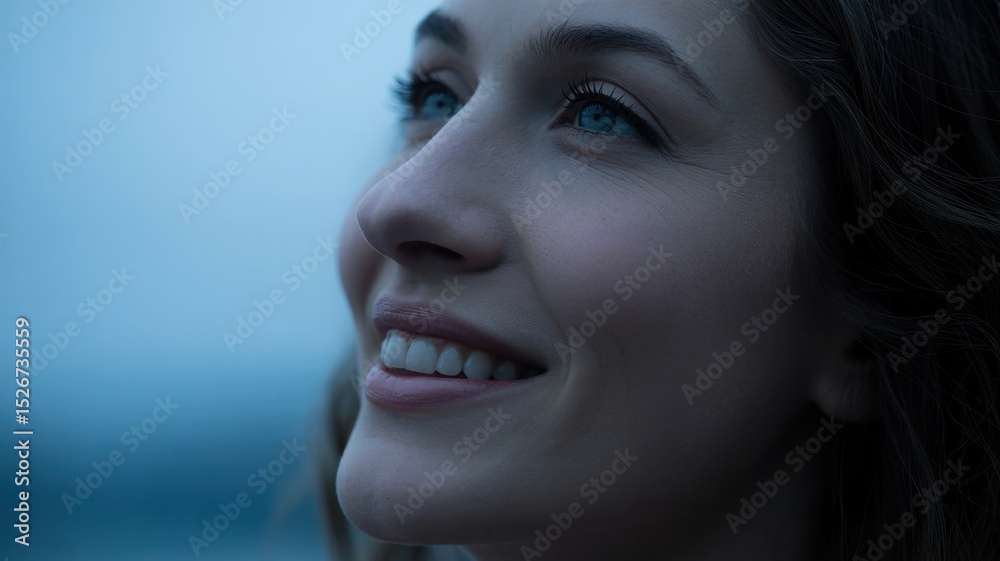 Fototapeta premium Close-up of young caucasian female smiling at twilight with blue sky background