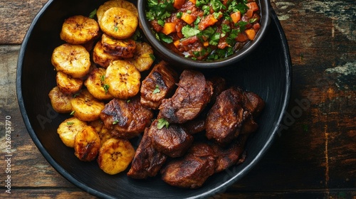 Flat lay of Haitian griot with fried plantains and pikliz, deep golden and orange tones
