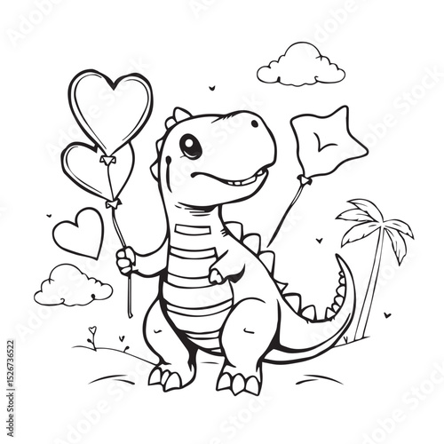 Cute cartoon dinosaur holding heart balloons coloring page